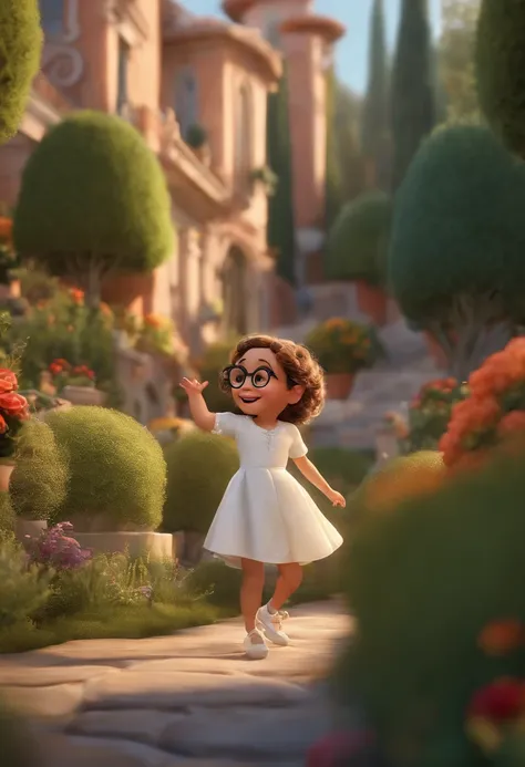 "(best quality,ultra-detalhado,Realistic:1.37),3D rendering,illustration,design de personagens,cabelos curtos e cacheados escuros,belos olhos detalhados,wearing white glasses,Estilo Pixar,morena mulher,Dancing on the Disney stage,atmosfera animada,vivid co...