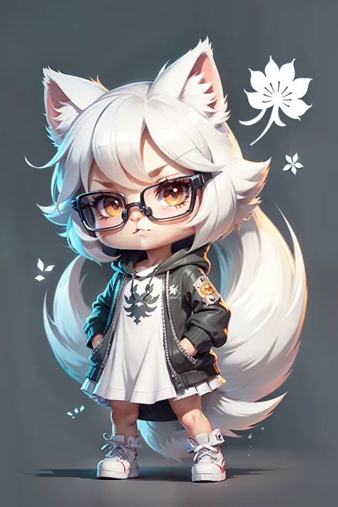 c4tt4stic,cartoon cute white wolf,girl,wearing dress skirt,with sunglasses,flower patterns on the dress,short legs,cartoon