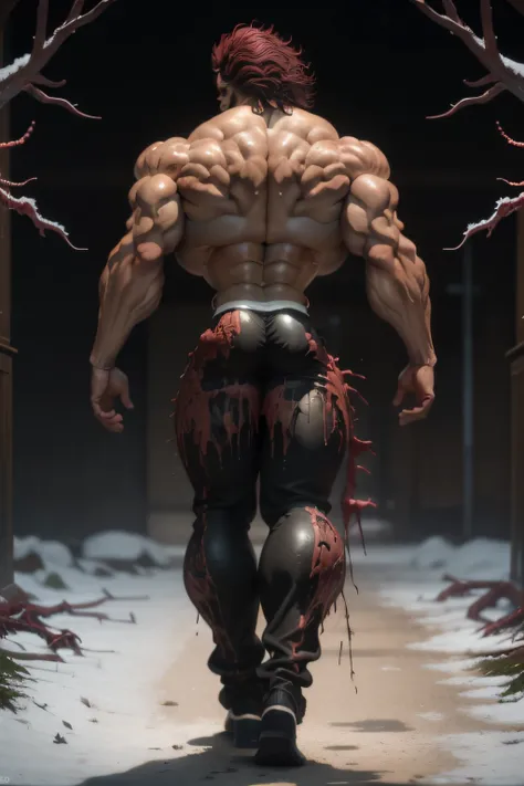 Yujiro Hanma, red hair, show his back, see viewer, full body shot, wearing black shirt (carnage physique:1.5), (covered in thick muscle suit:1.5), (exposed perfect anatomy:1.5), (carnage muscle anatomy:1.5), high detail, best quality, masterpiece, finely d...