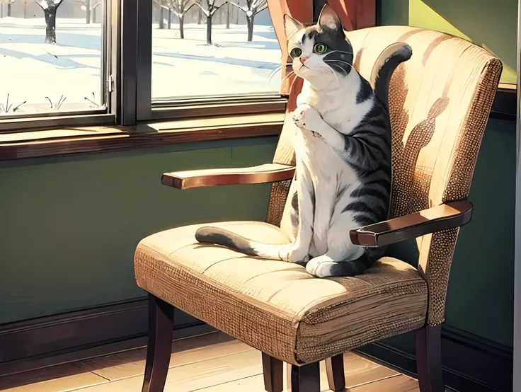 A white Snowshoe cat with brown spots relaxes elegantly on a white plastic chair.