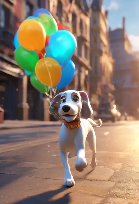 Poster 3D inspirado na Disney/Pixar, uma cena com uma cachorra whippet branca malhada, Happy running after colorful balloons on the street, signs with the name BLACK and a girl with shoulder-length curly black hair with open arms smiling and happy in jeans...