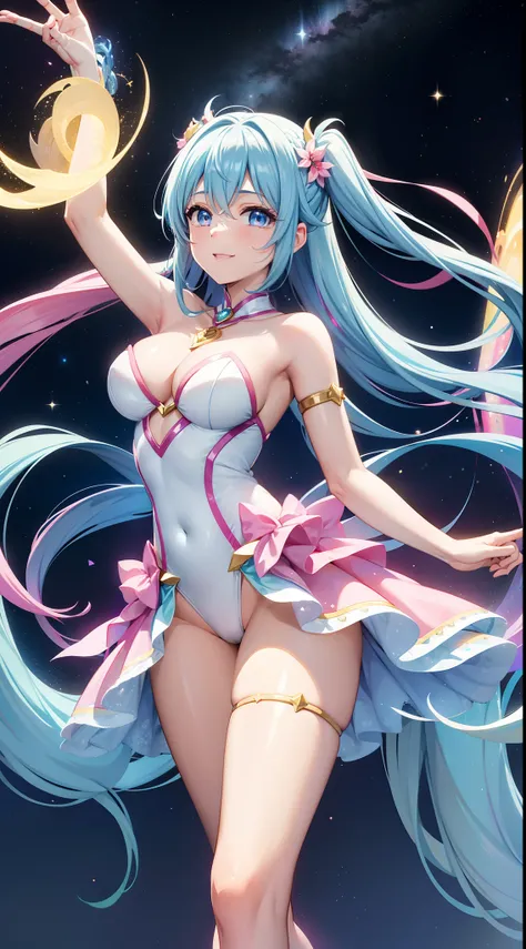 Super Idol　a beauty girl　Outstanding smile　sky blue hair　length hair　Facing straight ahead　Looking at the camera　Twin-tailed　Glittering pink and white、Blue and yellow leotard costume　Mystical　Fantasia　constellation　a moon　Crystal Brilliance　Aurora Borealis...