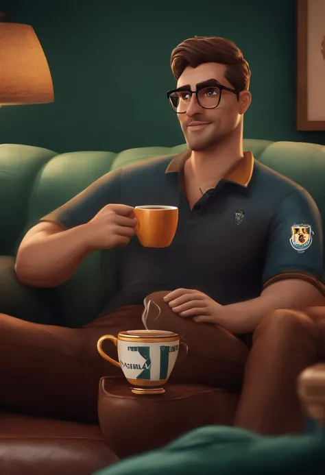 There is a man with glasses sitting on a sofa wearing a Vasco da Gama football team shirt with a coffee mug in one hand Pixar style image