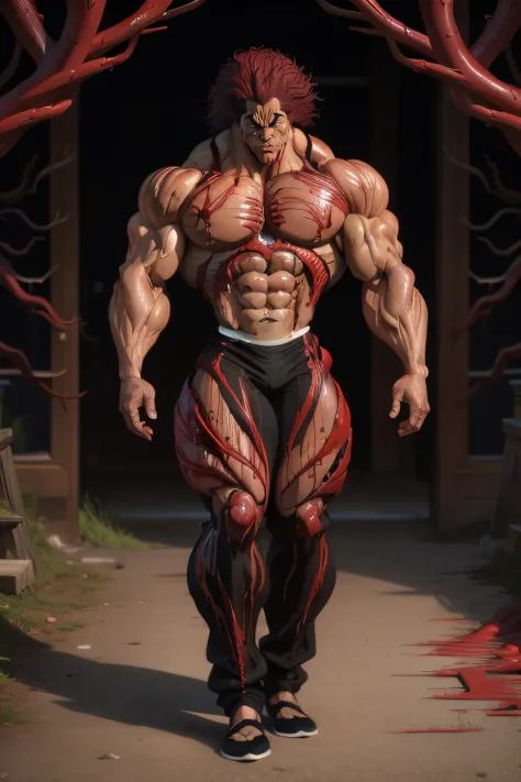 Yujiro Hanma, red hair, see viewer, full body shot, wearing black shirt (carnage physique:1.5), (covered in thick muscle suit:1.5), (exposed perfect anatomy:1.5), (carnage muscle anatomy:1.5), high detail, best quality, masterpiece, finely detail, realisti...