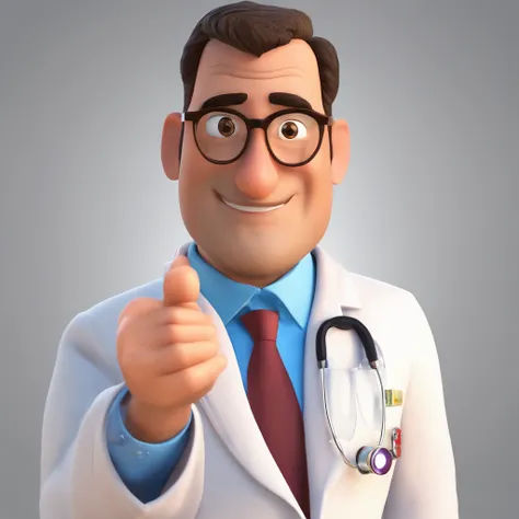 Make a Pixar Style Realistic Poster of 3D Animation. O personagem tem cabelos raspados, wearing a white doctors coat, bordado o nome Dr. Joseph R. Costa Jr. Gold watch on the right wrist, Has an Arabian face, 40 anos