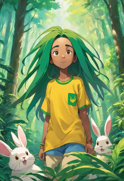 Draw Bob Marley in the body of a rabbit,  curious expression, Studio Ghibli, oil painting, detailed features, forest, animate