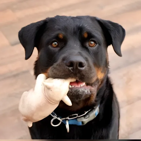 Theres a dog thats holding a toy pig in its mouth, rottweiler dinosaur hybrid, maximus jacobs, chewing, aw, muito realista, very realistic, Directed by: Ivan Ranger, muito bonito, also very detailed, Brutus, extremely realistic, prestes a consumi-lo, 16145...