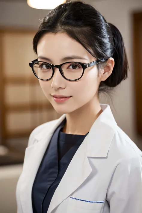 Woman in her early 30s　japanes　A dark-haired　Pony tail　physician　Female doctor　Manteau blanc　stethoscope　card　A slight smil　Breasts are big　Sensible　Beautie　Beautuful Women　Intellectual glasses　Glasses with metal frames　clothed、(Photo Real:1.4)、(hyper real...