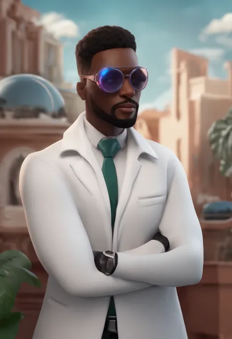 Personagem de desenho animado de um homem negro, enfermeiro esteticista, wearing goggles, in a white coat gives the Virtuosa brand, um personagem animado, Caractere estilizado, animation style rendering, 3D estilizado,