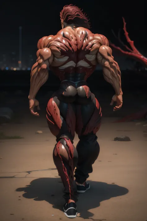 Yujiro Hanma, red hair, show his back, full body shot, wearing black shirt (carnage physique:1.5), (covered in thick muscle suit:1.5), (exposed perfect anatomy:1.5), (carnage muscle anatomy:1.5), high detail, best quality, masterpiece, finely detail, reali...