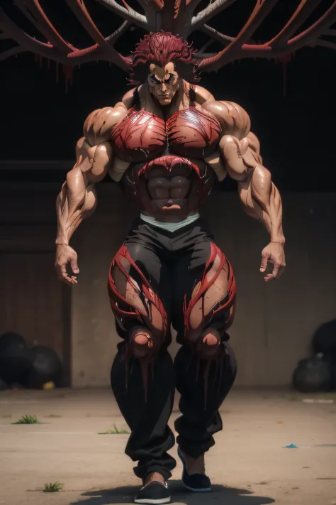 Yujiro Hanma, red hair, show his back, full body shot, wearing black shirt (carnage physique:1.5), (covered in thick muscle suit:1.5), (exposed perfect anatomy:1.5), (carnage muscle anatomy:1.5), high detail, best quality, masterpiece, finely detail, reali...