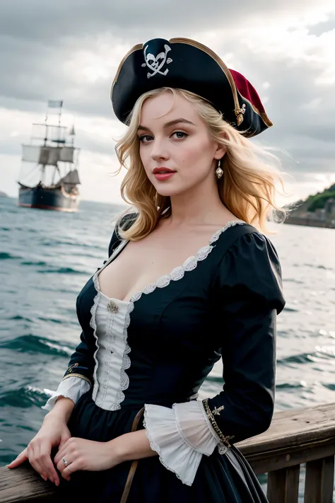 éclairage dramatique, qualité la plus élevée, Film cinématographique, (la séduisante Anne Bonny, Porter des vêtements de pirate sales en lambeaux, debout sur le pont d’un bateau pirate amarré dans le port des Caraïbes), crasseux, atmosphère lumineuse, corp...