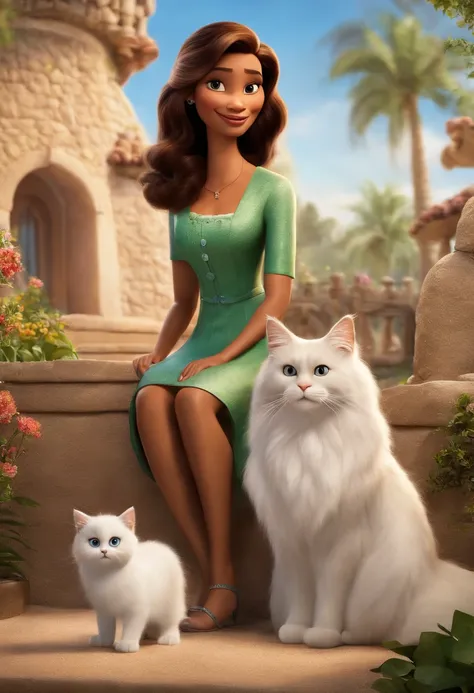 a Disney Pixar movie poster showing a brown-skinned family. The father is the tallest, cabelos pretos, cabelos raspado. The mother has brown eyes and hair, shoulder-length and is slightly overweight. A menina tem 4 anos, She is wearing a dress with daisy d...