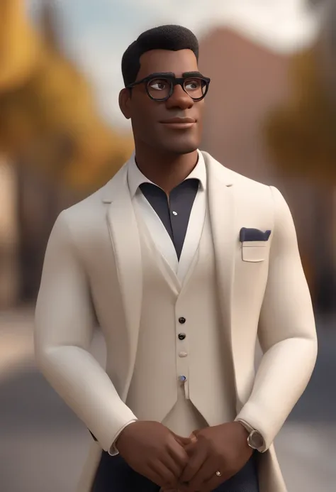 Personagem de desenho animado de um homem negro, enfermeiro esteticista, wearing black coat glasses gives the Victorious brand an animated character, Caractere estilizado, animation style rendering, 3D estilizado, Arnold Maya render, 3 d render stylized, t...