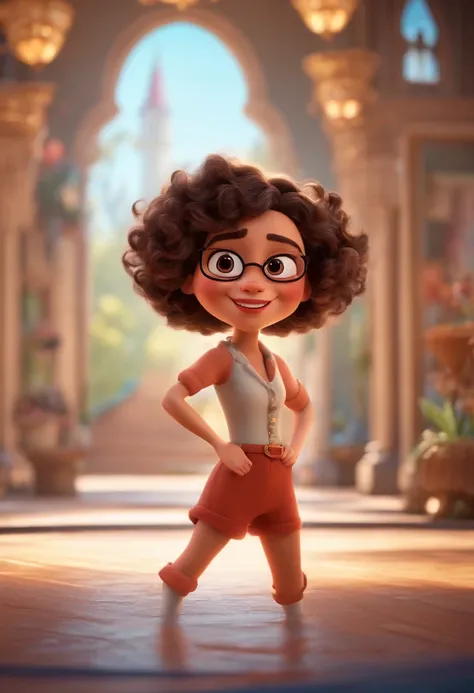 Pixar style image with 3D character white glasses brunette woman short curly hair dancing, Maquiagem Disney,Pescador, bonitinho, sorridente ,Close-up, Pixar, Disney, Cinema lighting,