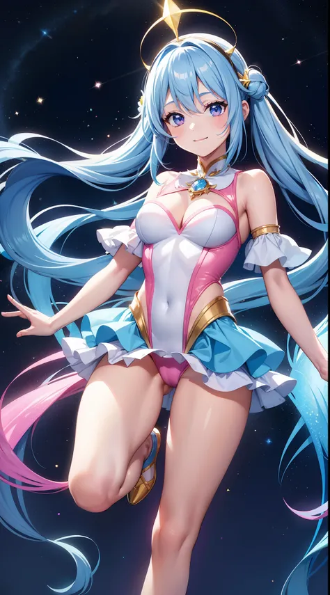 Super Idol　a beauty girl　Outstanding smile　sky blue hair　length hair　Facing straight ahead　Looking at the camera　Twin-tailed　Glittering pink and white、Blue and yellow leotard costume　Mystical　Fantasia　constellation　a moon　Crystal Brilliance　Aurora Borealis...