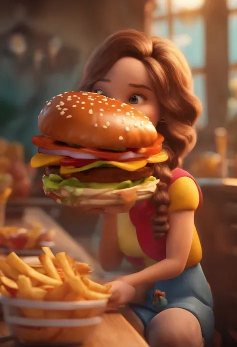 Make a Girl, Shes hungry, como Disney Cartoon, Shes eating hamburger, Pixar, ..3d, Disney