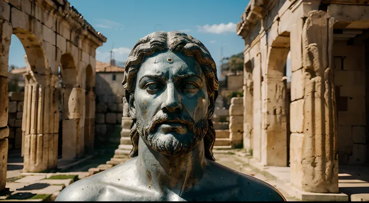 Ancient Stoic Statue With Very Angry Expression, tem barba, muitos detalhes em ambos os olhos, Outside, fundo atenas grego, open sky, com rosto extremamente detalhado full body view, Colors with low saturation with dark tone, Filmado em Sony A7S III com So...