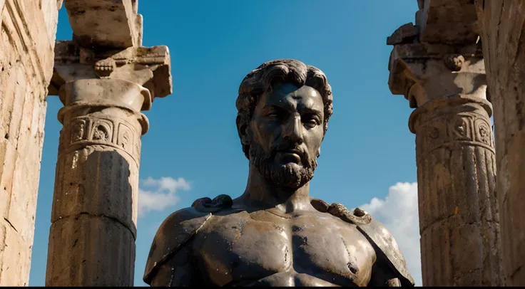 Ancient Stoic Statue With Very Angry Expression, tem barba, muitos detalhes em ambos os olhos, Outside, fundo atenas grego, open sky, com rosto extremamente detalhado full body view, Colors with low saturation with dark tone, Filmado em Sony A7S III com So...