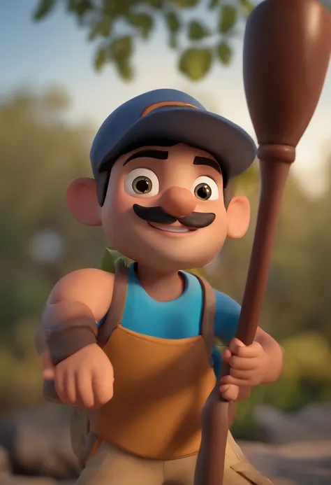 Personaje de dibujos animados de un hombre, tes morena, bayba y bigote cortito, cabello corto oscuro y una camisa azul, animation character, stylized character, Rendering animation styles, with a fishing rod, D estilizado, Arnold Maya render, 3D render est...