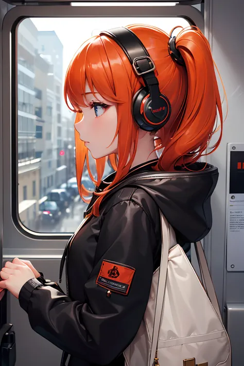 (masterpiece, sidelighting, ultra-detailed, finely detailed beautiful eyes: 1.2), 1girl, bag, building, from side, headphones, hood, hood down, hooded jacket, hoodie, jacket, long hair, orange hair, profile, red hair, solo, train, train interior, upper bod...