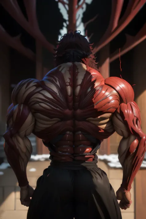 Yujiro Hanma, red hair, show his back, wearing black shirt (carnage physique:1.5), (covered in thick muscle suit:1.5), (exposed perfect anatomy:1.5), (carnage muscle anatomy:1.5), high detail, best quality, masterpiece, finely detail, realistic skin textur...