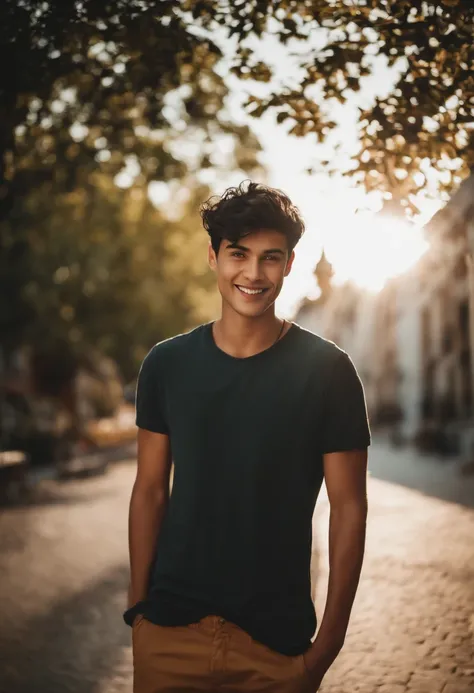 The image features a young man with short black hair, appears to be in a relaxed and happy mood. The man is standing in front of a camera The scene seems to be a casual, everyday moment captured in the photo.