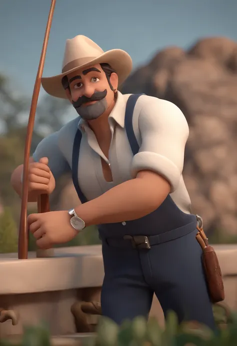 Personaje de dibujos animados de un hombre, aspectodeindu, barba y bigote cortito, cabello corto oscuro y una camisa azul, animation character, stylized character, Rendering animation styles, with a fishing rod, D estilizado, Arnold Maya render, 3D render ...