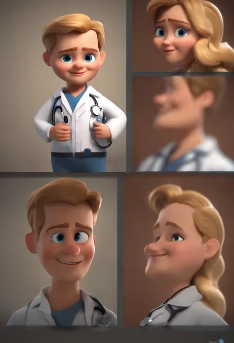 Cartoon character of a doctor with black eyes and big eyelashes, boca desenhada e nariz fino, with blond and medium hair, Inside a Clinical Animation Character, Caractere estilizado, animation style rendering, 3D estilizado, Arnold Maya render, 3 d render ...