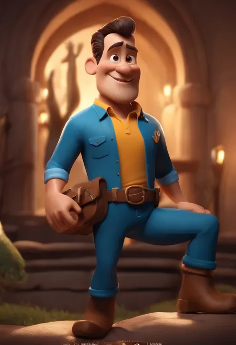 personagem dos desenhos animados de um homem gordinho de cabelos bem curtos, quase careca, de barba, de camiseta preta, Blue pants and a professional camera in hand, animation character, Caractere estilizado, animation style rendering, 3D estilizado, Arnol...