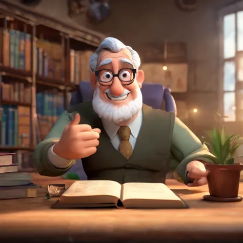 Crie um cartaz inspirado na Disney Pixar com o personagem sendo o pastor Rubens Janier, A gray-haired man wearing glasses, in an office with a Bible on the table