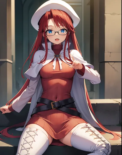 summonnightaty, aty, long hair, blue eyes, red hair, beret, hat, glasses,
BREAK long hair, thighhighs, hat, dress, boots, glasses, belt, cape, sweater, zettai ryouiki, beret, thigh boots, white footwear, ribbed sweater, loose belt,,
BREAK outdoors, fantasy...