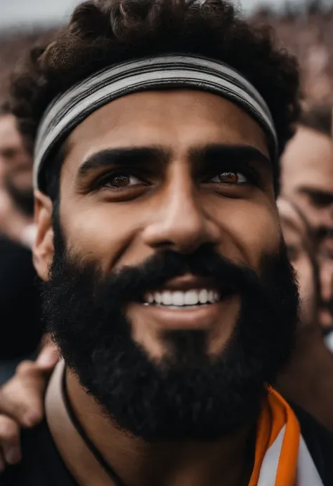 A brown guy with brown eyes and medium beard in the Corinthians crowd cheering with the teams goal. Hes in the crowd