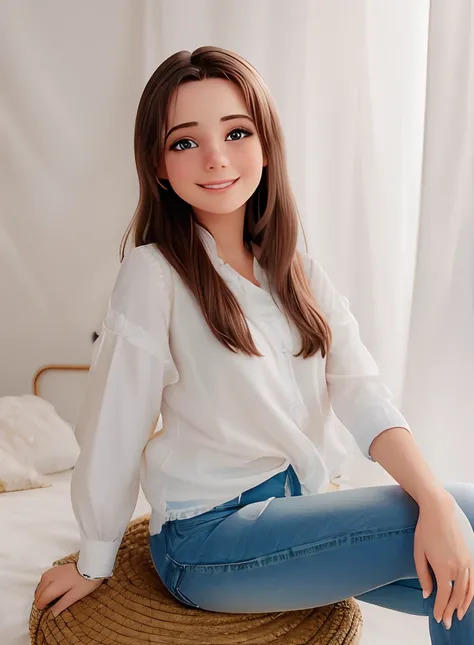 mulher grande sorrindo, sentada em uma cesta de vime em uma camisa branca e jeans, Jovana Rikalo, in a white boho style studio, Ekaterina, Madalena Radziej, Alina Ivanchenko, white shirt and blue jeans, white shirt and jeans, Alexandra Waliszewska, photosh...