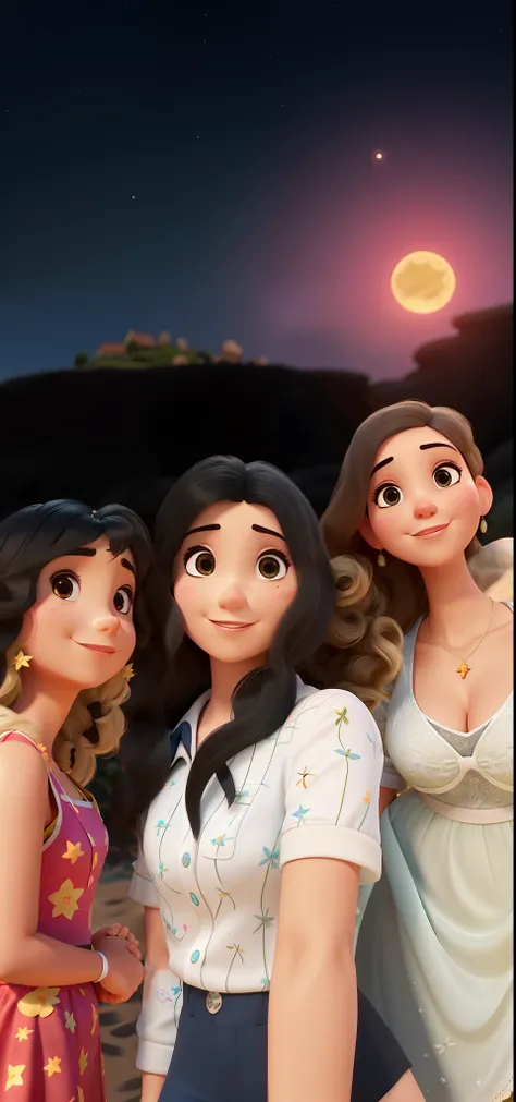 3 mulheres estilo pixar, em frente a uma queima de fogos na praia a noite, 1 mulher e senhora ma8s velha e as outras duas mais novas, melhor qualidade superior qualidade