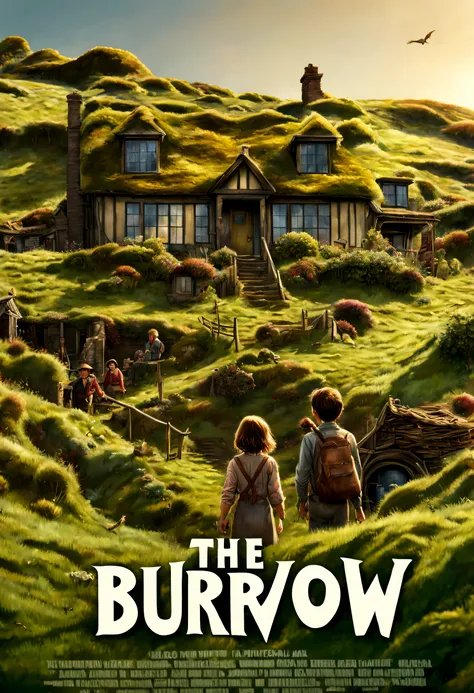 best quality, 4k, 8k, high resolution, masterpiece: 1.2), ultra detailed, (realistic, photorealistic, photorealistic: 1.37), movie poster titled "the burrow", by Steven Spielberg, title lyrics and credits