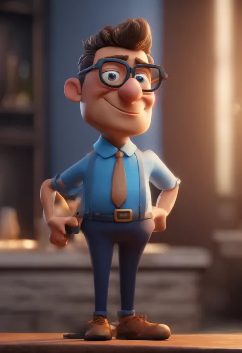 Cartoon character of a man with black glasses and a blue shirt, animation character, Caractere estilizado, animation style rendering, 3D estilizado, Arnold Maya render, 3 d render stylized, toon render keyshot, Personagem 3D, Personagem 3D, 3d rendering st...