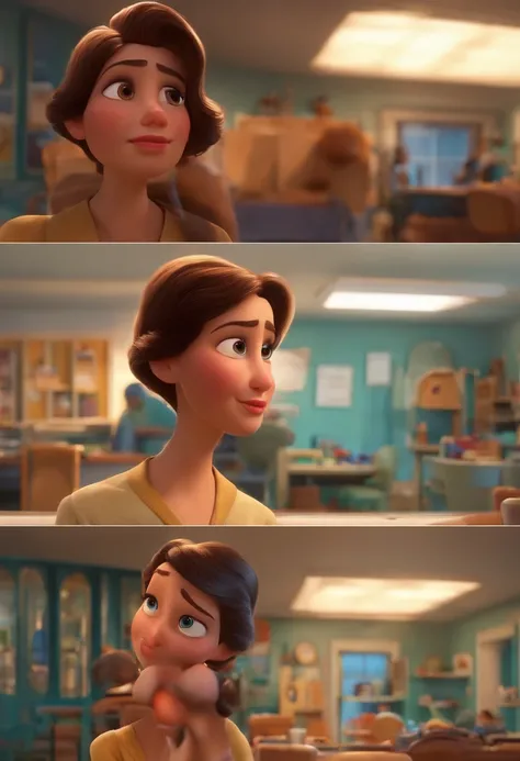 Make a woman, de cabelos ondulados,Morena, de olhos puxados, In the therapeutic office crying and venting , Pixar, ......3d, Disney