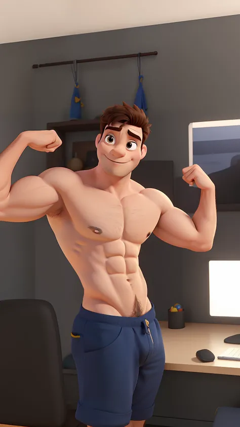 Um homem branco de cueca, musculoso, peito peludo estilo disney pixar, alta qualidade, melhor qualidade