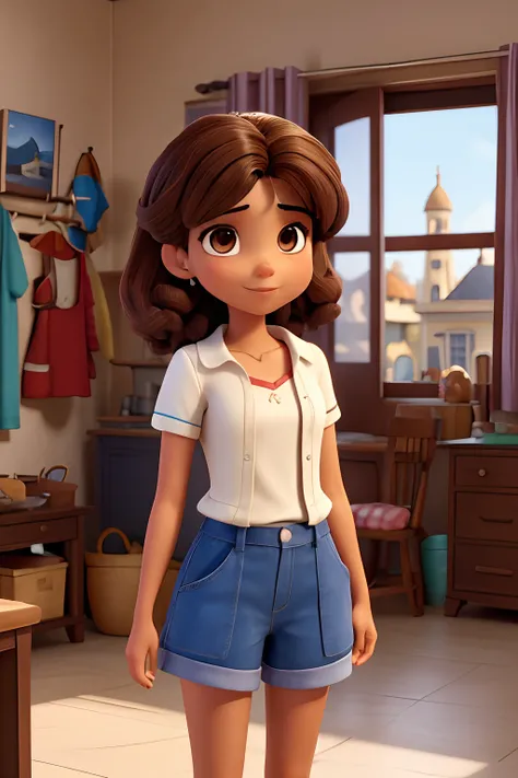 Capa de filme estilo Disney, homem moreno  com olhos castanhos e barba, Light Skin And Short Dark Brown Hair Combed To The Side Working With Architecture In Studio In Background With Three Daughters, sendo uma adolescente de 14 anos parecida com a princesa...