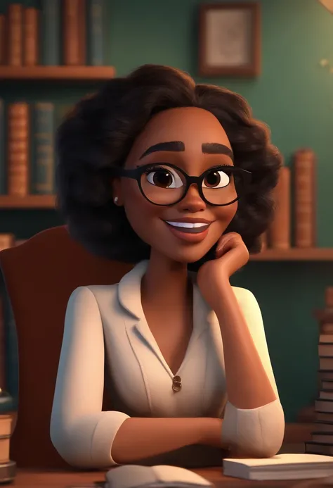 Pixar style image with 3D character, a light-skinned black woman with glasses and a dress outfit, she is a lawyer and is well dressed in the background, a law office with bookshelf and books with depth, bem bonito faca os ajustes que julgar necessario para...