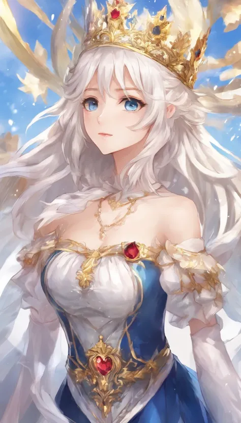 solo, 1girl, (masterpiece), ((20 year old appearance)), adult white hair, short hair, white eyes, anime girl, small Golden crown with a ruby ​​in the middle, Blue dress, Throne of ice