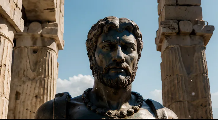 Ancient Stoic Statue With Very Angry Expression, tem barba, muitos detalhes em ambos os olhos, Outside, fundo atenas grego, open sky, com rosto extremamente detalhado full body view, Colors with low saturation with dark tone, Filmado em Sony A7S III com So...