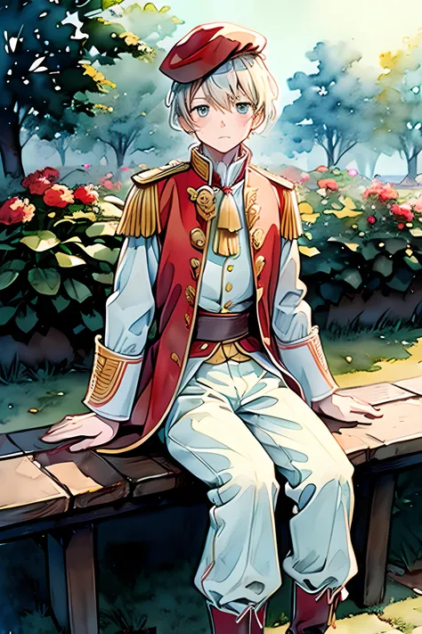 Middle-aged lean blond man wearing 1790s Austrian military uniform (red breeches and white coat with red & gold trimmings) and a black tricorn hat. Blond hair in a queue. He is sitting on a stone bench in front of viewer with gardens in the background, loo...