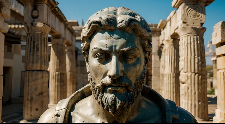 Ancient Stoic Statue With Very Angry Expression, tem barba, muitos detalhes em ambos os olhos, Outside, fundo atenas grego, open sky, com rosto extremamente detalhado full body view, Colors with low saturation with dark tone, Filmado em Sony A7S III com So...