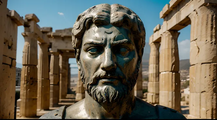 Ancient Stoic Statue With Very Angry Expression, tem barba, muitos detalhes em ambos os olhos, Outside, fundo atenas grego, open sky, com rosto extremamente detalhado full body view, Colors with low saturation with dark tone, Filmado em Sony A7S III com So...