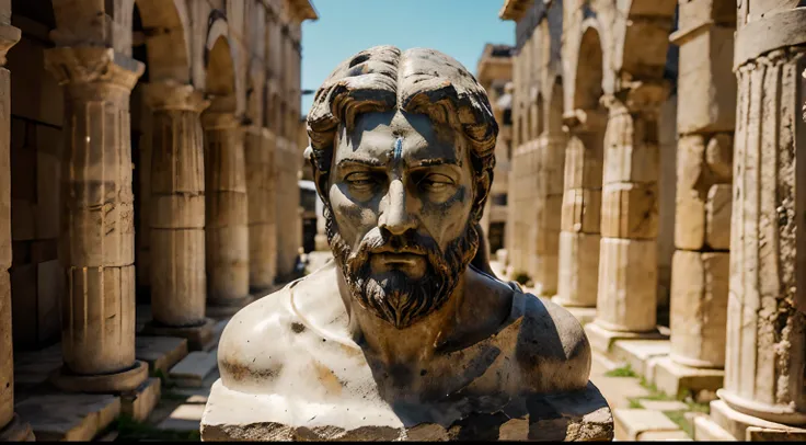 Ancient Stoic Statue With Very Angry Expression, tem barba, muitos detalhes em ambos os olhos, Outside, fundo atenas grego, open sky, com rosto extremamente detalhado full body view, Colors with low saturation with dark tone, Filmado em Sony A7S III com So...