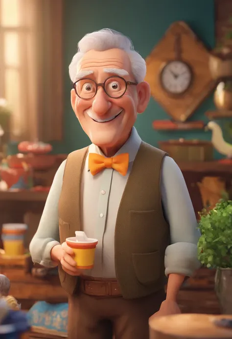 Pixarstyle A waist-high portrait of an elderly man with social clothes, smile, natural skin texture, 4K textures, HDR, intricate, highly detailed, sharp focus, cinematic look, hyper-detailed