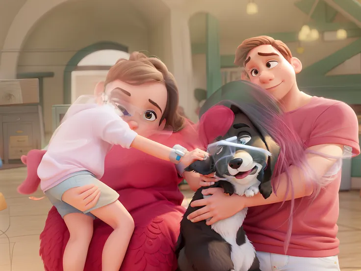 Um homem, um menino, uma mulher e um cachorro no estilo Disney pixar, alta qualidade, melhor qualidade