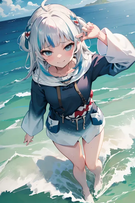 ((Gawr gura)), ((masterpiece)), wide shot, (Professional Photography:1.2), (from above), summer sky, (beautiful seaside), raging waves, (hoodie), ((exposed thigh)), detail of eyes, sweaty, very smirk and blush, Textured skin, Pale purple, stand on the grou...